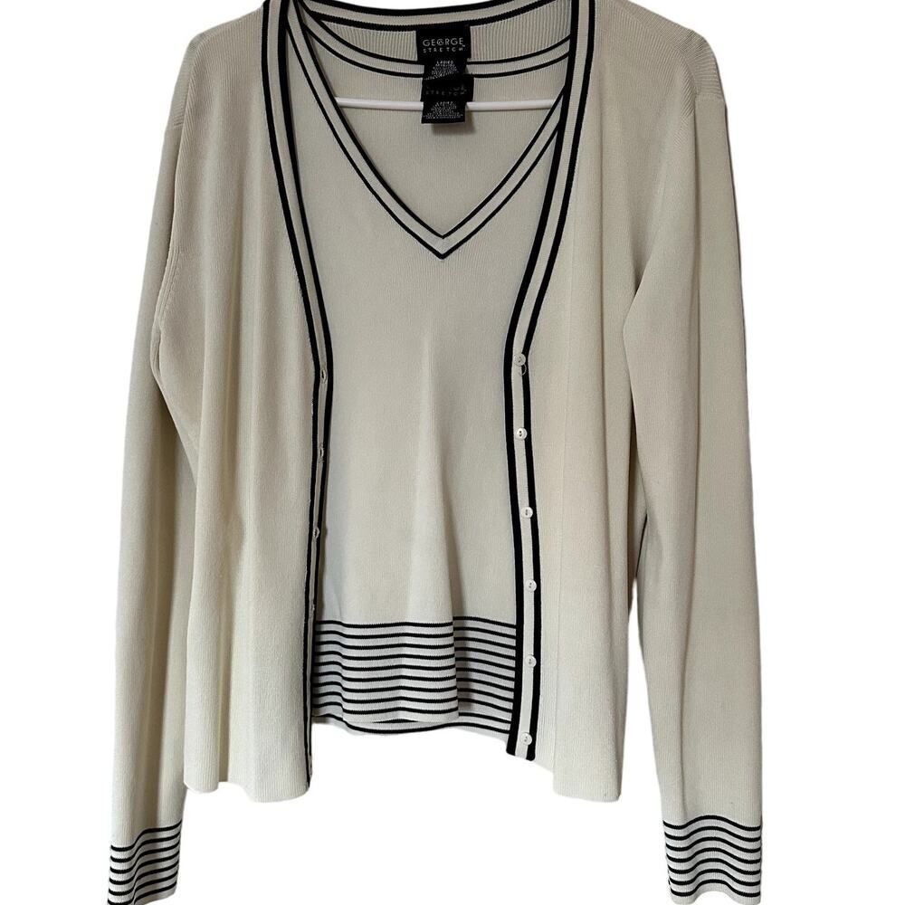 George Stretch Cream/Black Striped Two Piece Tank/Cardigan- M